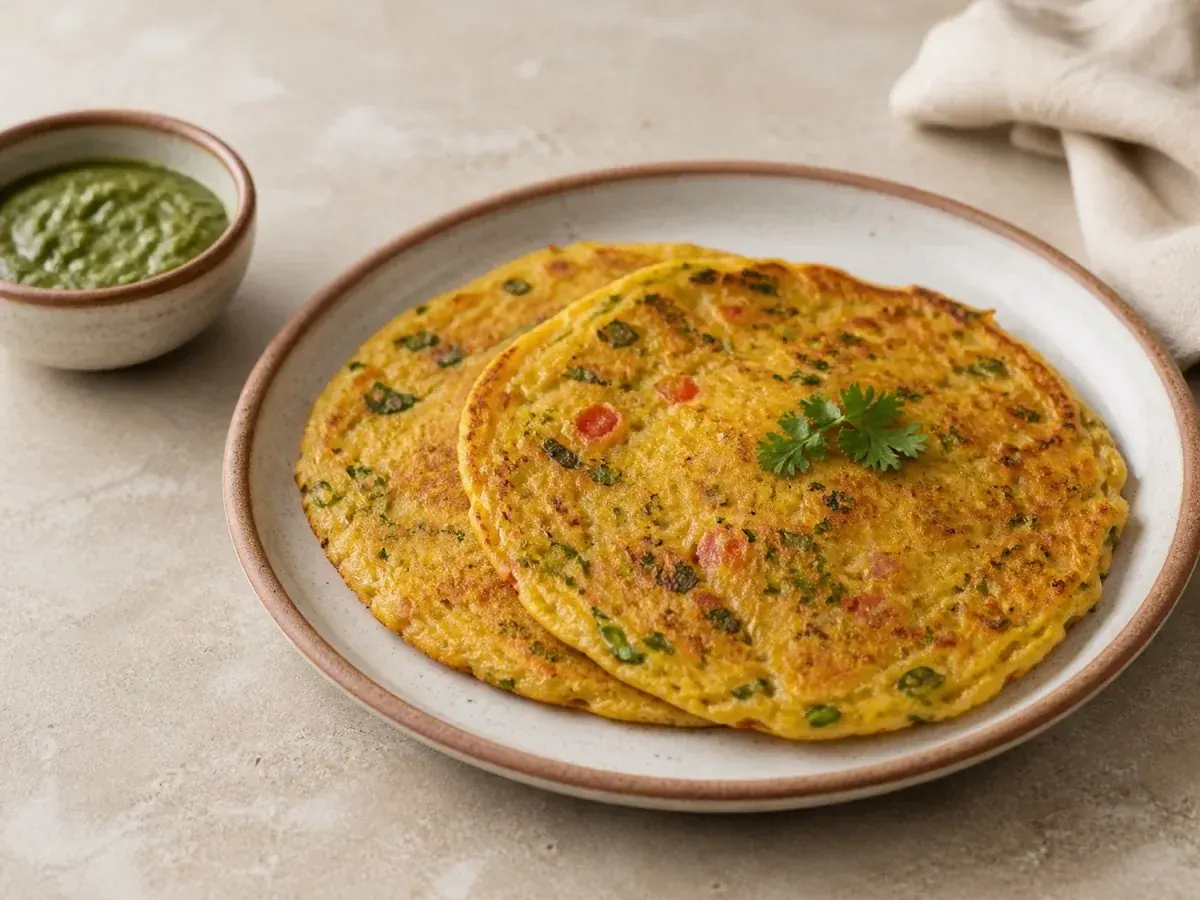 Two golden besan chillas with green chutney