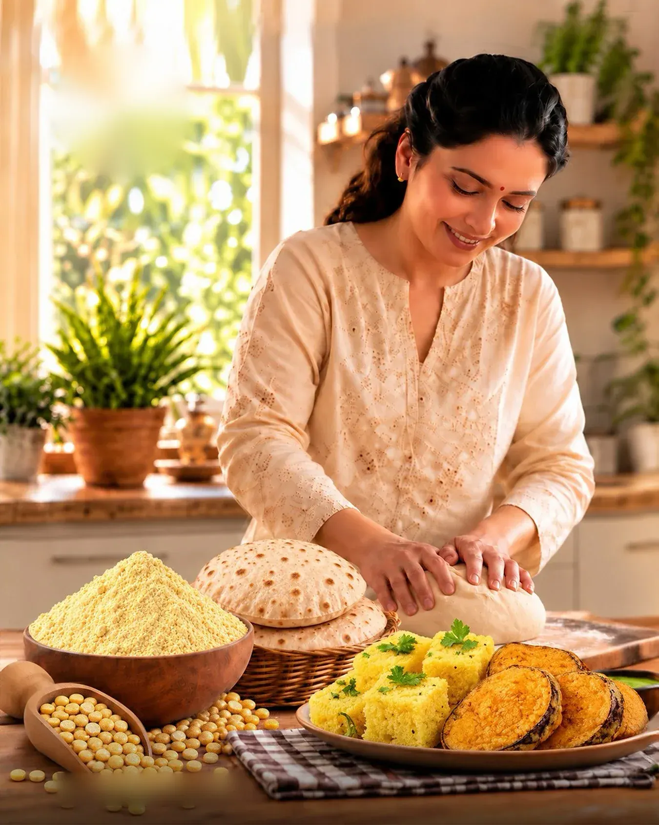 A woman making rotis in a sunlit home kitchen, with dhokla and besan on the table