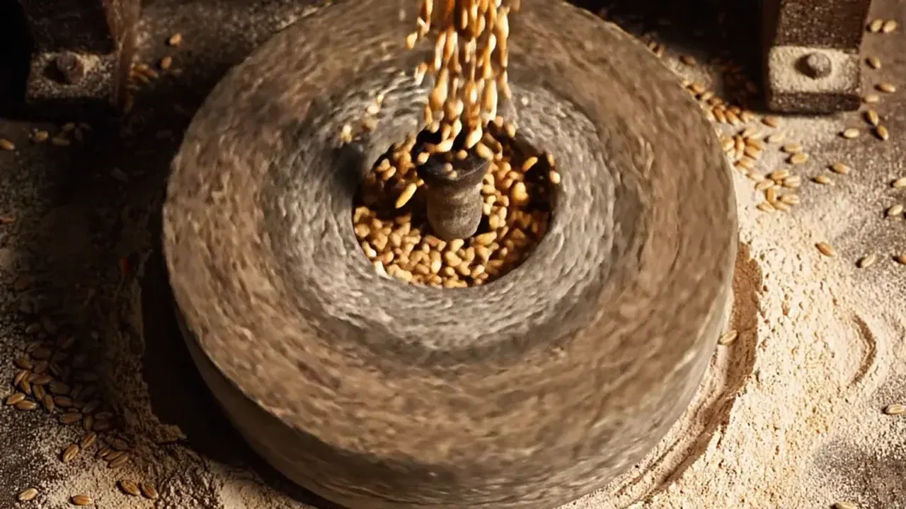 Wheat grains feeding into a stone chakki