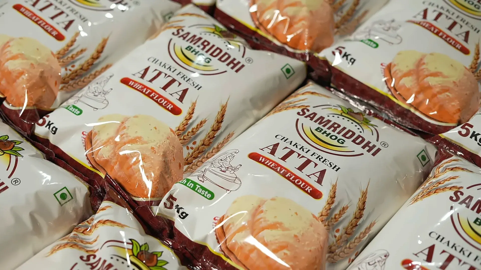 Sealed 5 kg packs of Samriddhi Bhog Chakki Fresh Atta